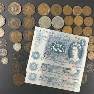England 5 pound notes 1963 and coins from mid 1800s and early 1900s