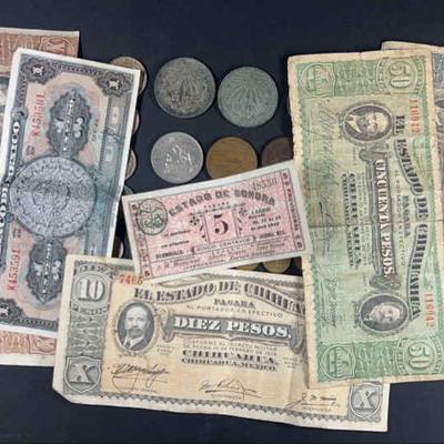 Mexican revolution bills and early 1900s mexican coins