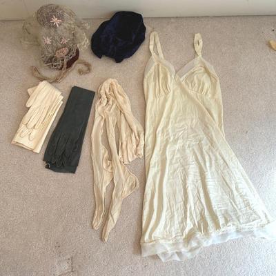 Antique Women’s Slip, Gloves And Lace Hat 