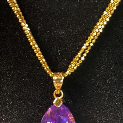 14K Amethyst Pendant + Triple Diamond Cut Bead 27” Necklace 