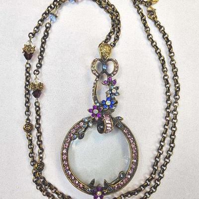 Rhinestone Brass Tone Magnifying Glass Pendant On 36" Chain Necklace