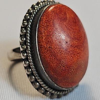 .925 Sterling Silver & Bold Oval Sponge Coral Ring, Size 6