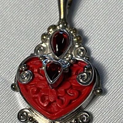 .925 Sterling Silver Cinnabar Garnet Pendant 