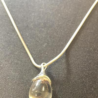 .925 Sterling Silver 22” Snake Chain W/Quartz Crystal Ball Pendant 