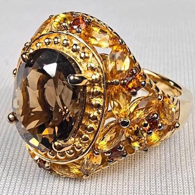 .925 Sterling Silver 18k Vermeil Smoky Quartz, Citrine & Madeira Citrine Ring, Size 6