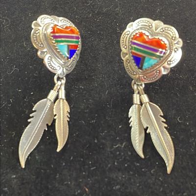 .925 Sterling Silver Heishi Native American Feather Drop Clip-On Earrings 