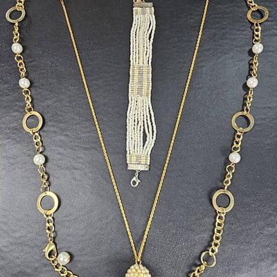 Vintage Seed Bead 8" Clasp Bracelet (1) + Gold Tone Pearl Style Necklace (2) 