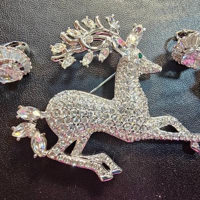 Nolan Miller 'Glamour Collection' CZ Reindeer Pin (1) + Clip-On Earring Sets (2) 