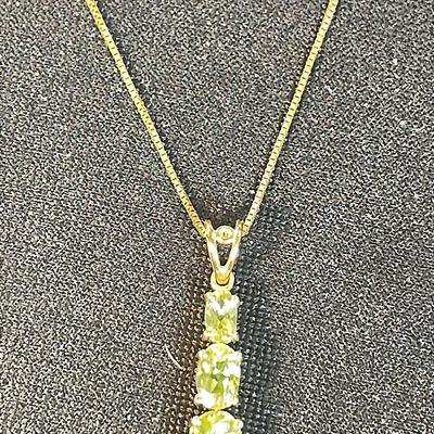 14K 3-Stone Drop Peridot Pendant + 16” Mirror Box Necklace 