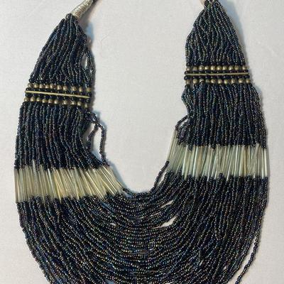 Vintage Black Seed Bead & Glass Bib Necklace 
