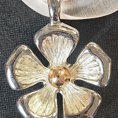 .925 & 14k Flower Pendant On Ribbon Necklace W/.925 Clasp