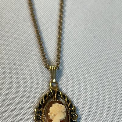 Antique Carved Cameo Goldfilled Pendant + 20” Link Necklace 