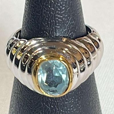 .925 Sterling Silver Bi-Color Ribbed Topaz Ring, Size 4 3/4