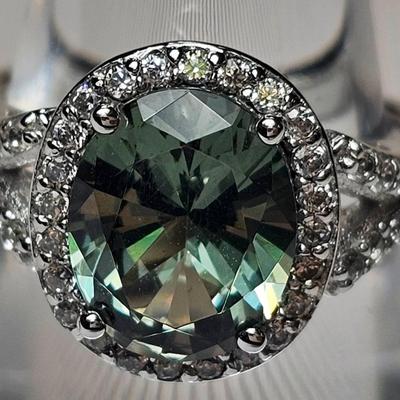 .925 Sterling Silver Platinum Clad & Green Diamonique Ring, Size 5