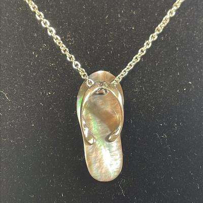 .925 Sterling Silver & Mother Of Pearl Flip-Flop Pendant On 18” Cable Chain 