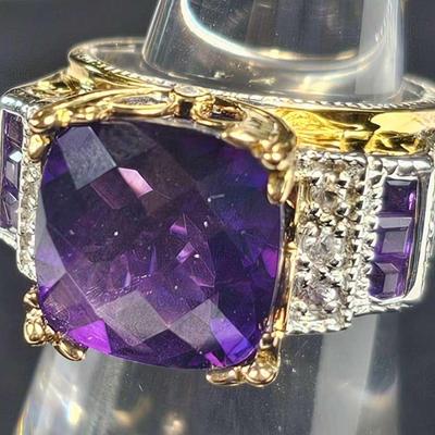 .925 Sterling Silver Palladium Amythyst Ring, Size 5 3/4