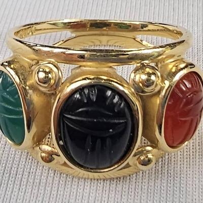 14k 3-Stone Tri-Color Scarab Ring, Size 5 3/4