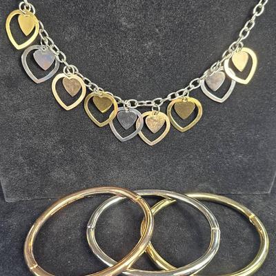 Stainless Steel Tri-Color Heart 18" Necklace (1) + Matching Hinge Bracelets (3)