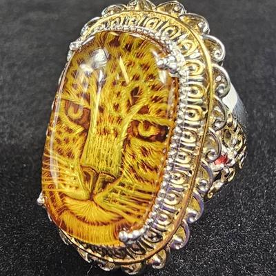 .925 Sterling Silver Palladium Carved Faux Amber Leopard Ring, Size 5 3/4