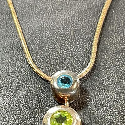.925 Sterling Silver Simulated Peridot & Topaz Charm On 18” Snake Chain 