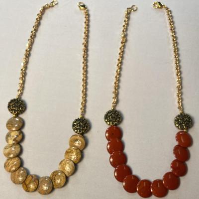 Lee Sands Gold Tone Genuine Red Jasper (1) & Brown Tone Stone (1) 18” Necklaces