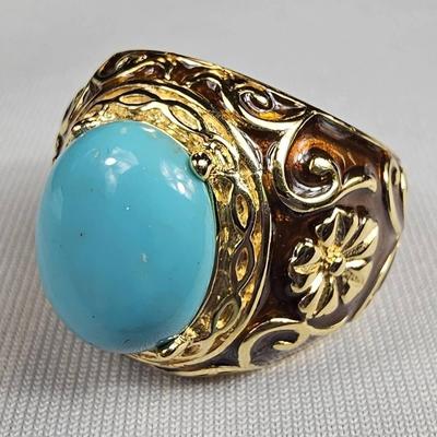 .925 Sterling Silver Vermeil Turquoise & Enamel Ring, Size 6
