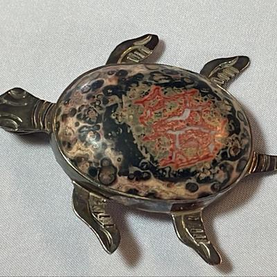 .925 Sterling Agate Stone & Silver Turtle Pin