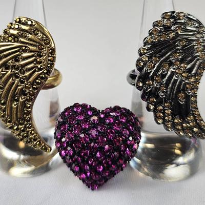 Heidi Klum 'Wildlife' Pave' Heart Stretch Ring, Size 5 (1) + Angel Wing Rings, Size 6 (2)