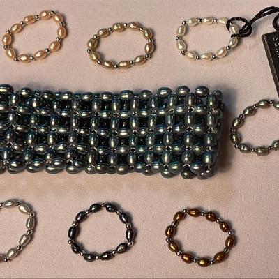 .925 Sterling Silver Honora Cultured Pearl Stretch Rings, Size 6.5 (7) & Bracelet (1)