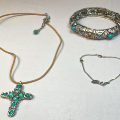 Graziano Simulated Turquoise Necklace & Bracelet (2) + Silver Tone Amythyst Bracelet (1)