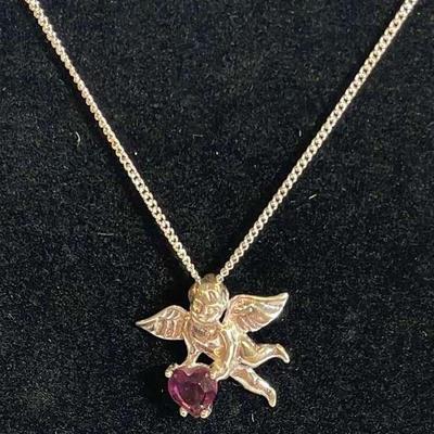 .925 Sterling Silver Avon 19”  Cupid W/Stone Necklace 