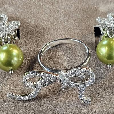 Nolan Miller Faux Pearl Clip-On Earrings (1) + Pave' Bow Ring, Size 6 (1)