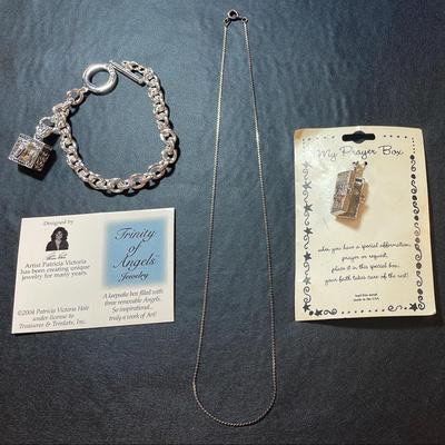 Silvertone 'Trinity Of Angels' 8" Charm Bracelet (1), 'My Prayer' Box Charm (1) & 18” S Chain (1)