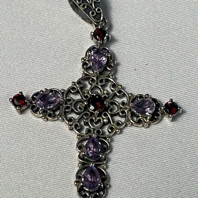 .925 Sterling Silver Amethyst & Garnet Open Cross Pendant 