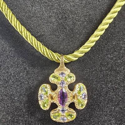 14k Multi Gemstone Cross 16" Rope Necklace