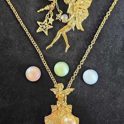 Kirks Folly 'Fairy Godmother' Pin (1) + 'Whispering Angel' Pin/Pendant On 30" Chain Necklace (1)