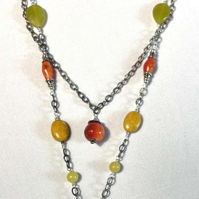 .925 Sterling Silver & Semi Precious Stone 20” Necklace W/Pendant
