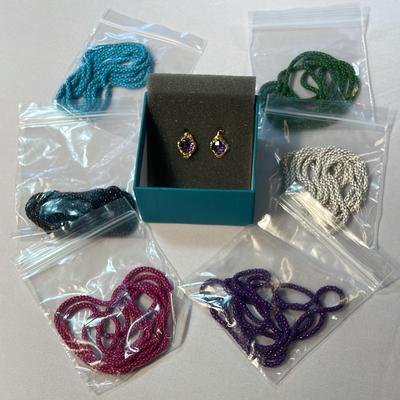Smithsonian Simulated Amethyst Clip On Earrings (1) + 40” Metal Popcorn Chains (6)