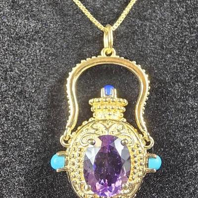 .925 Vermeil 18" Box Chain + Amethyst, Turquoise & Lapis Pendant Necklace