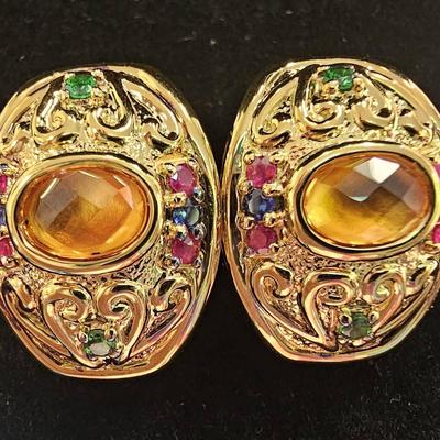 .925 Sterling Silver/18k Gold Plated Citrine & Precious Stone Omega Back Earrings 