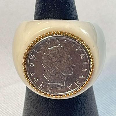 VincenzaGold Carved White Agate 50 Lire 14K Inset Ring, Size 5 3/4