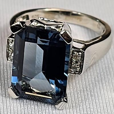 .925 Sterling Silver Platinum London Blue Topaz & White Zircon Ring, Size 6