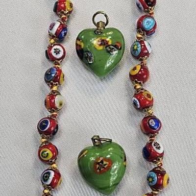 Murano Millifiori Glass Bead 18" Necklace (1) + Glass Millifiori Heart Charms (2)