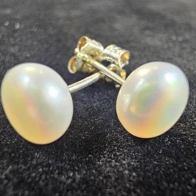 .925 Sterling Silver Flat Pearl Stud Earrings