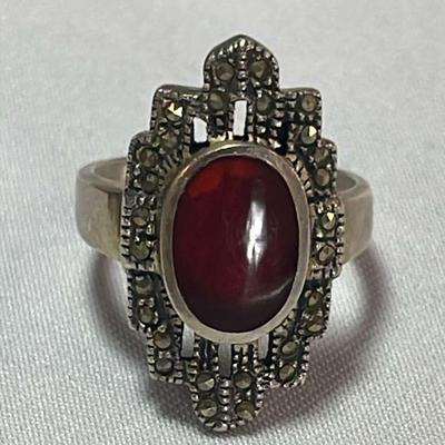 .925 Sterling Silver Cornelian Marcasite Ring, Size 6 1/2 