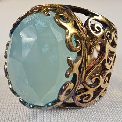 .925 Sterling Silver Vermeil Izreal Cushion Cut Chalcedony Ring, Size 5 3/4