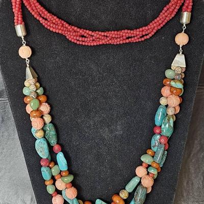 .925 Native Style Coral Bead & Turquoise 40" Necklace 