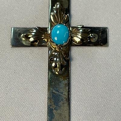 .925 Sterling Silver Native American Turquoise Cross Charm 