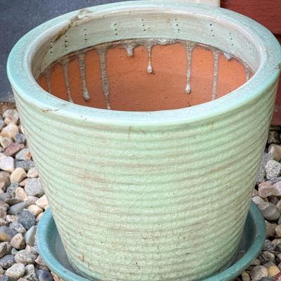 Large Green Ceramic Planter with Saucer