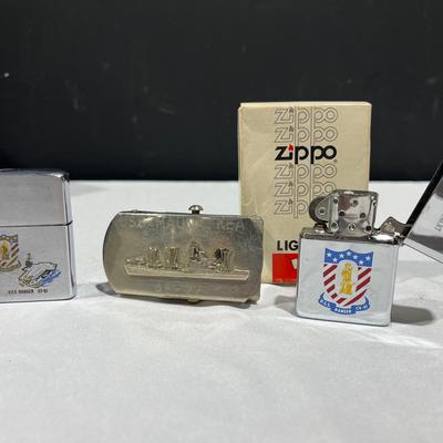 Navy USS Ranger CV-61 Vntg Zippo Lighters & Mauna Kea AE-22 Belt Buckle 